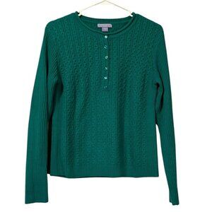 Laura Scott Sweater Women' Petite M Cable Knit Henley Green Pullover Soft Career